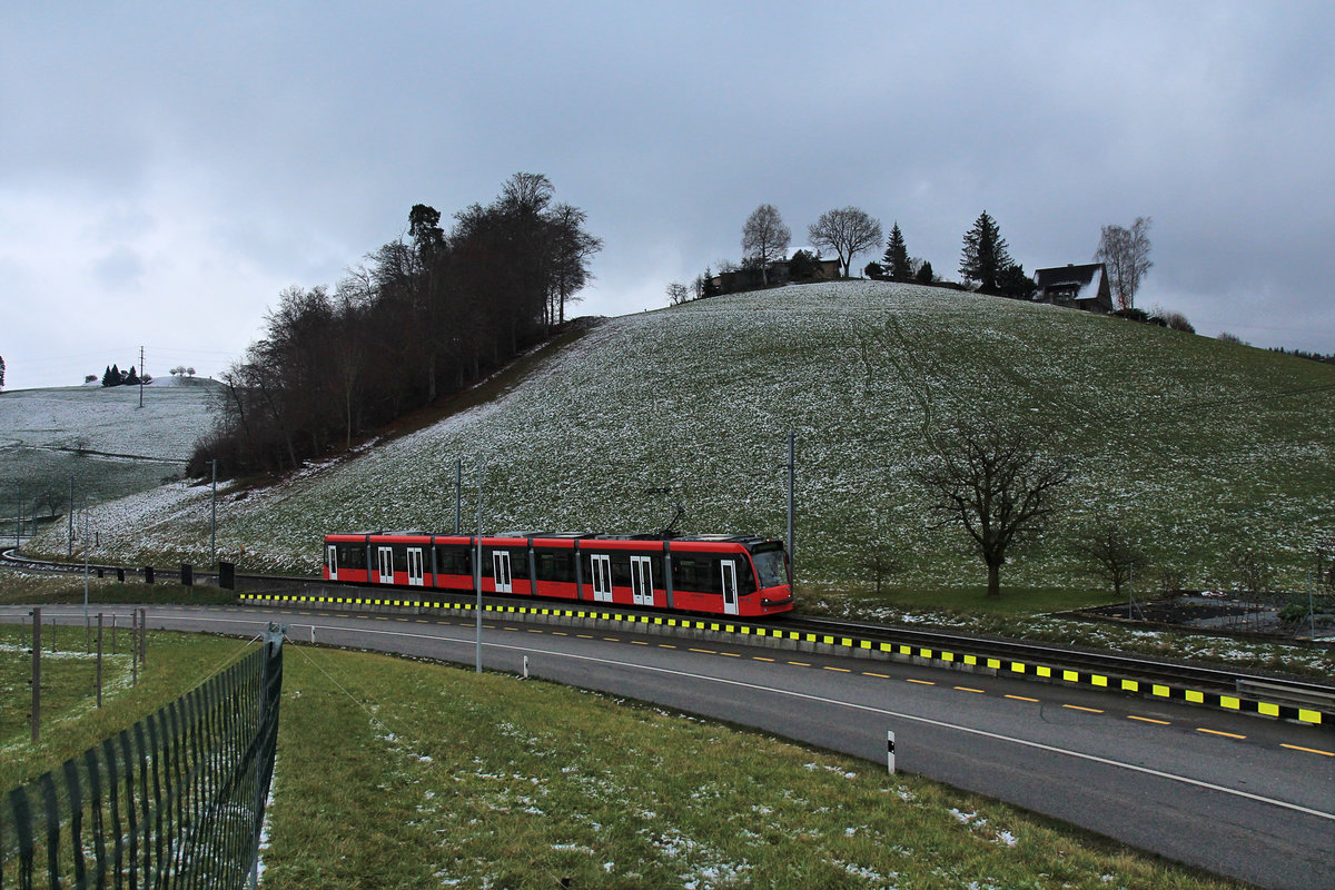 Der Berner Tramwagen 760 im Aufstieg von Worb nach Langenloh auf der Ueberlandlinie 6. 2.Dezember 2020  