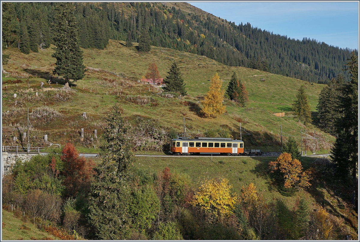 Der BLM Be 31 Lisi ist in der schönen Herbstlandschaft zwischen Grütschalp und Winteregg Richtung Mürren unterwegs.

16.10.2018