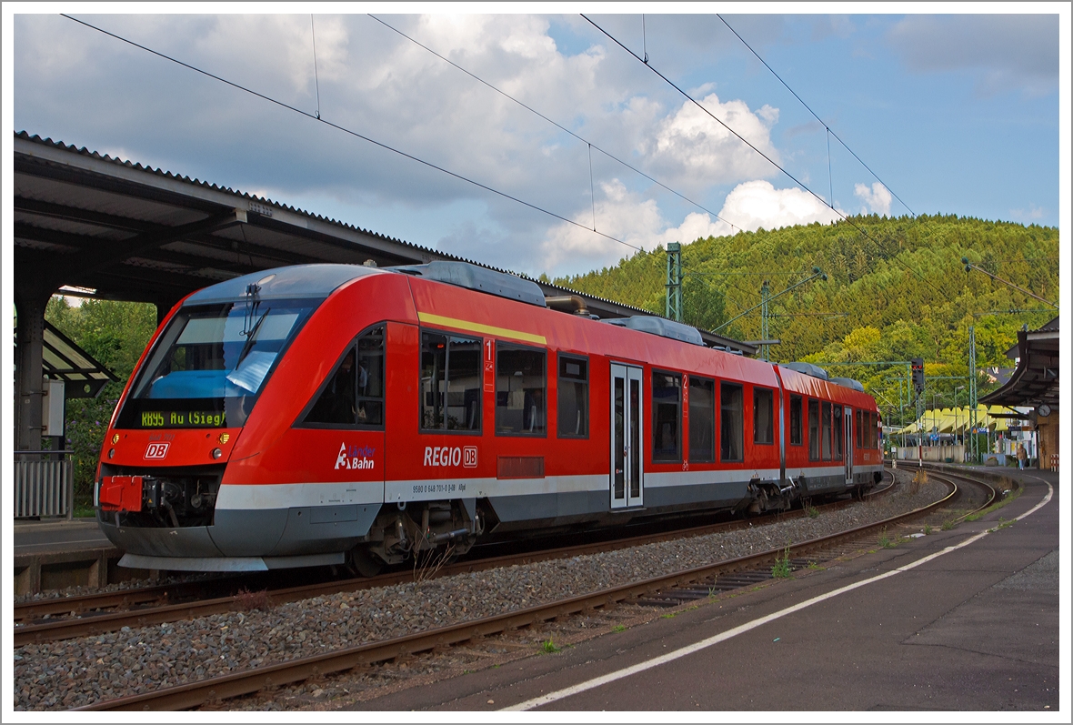 Der Dieseltriebwagen Alstom Coradia LINT 41  (648 701 / 201) der DreiLnderBahn (DB Regio) als RB 95  Sieg-Dill-Bahn  (Dillenburg-Siegen-Betzdorf/Sieg-Au/Sieg) hat am 18.08.2013 den Bahnhof Betzdorf (Sieg) erreicht.