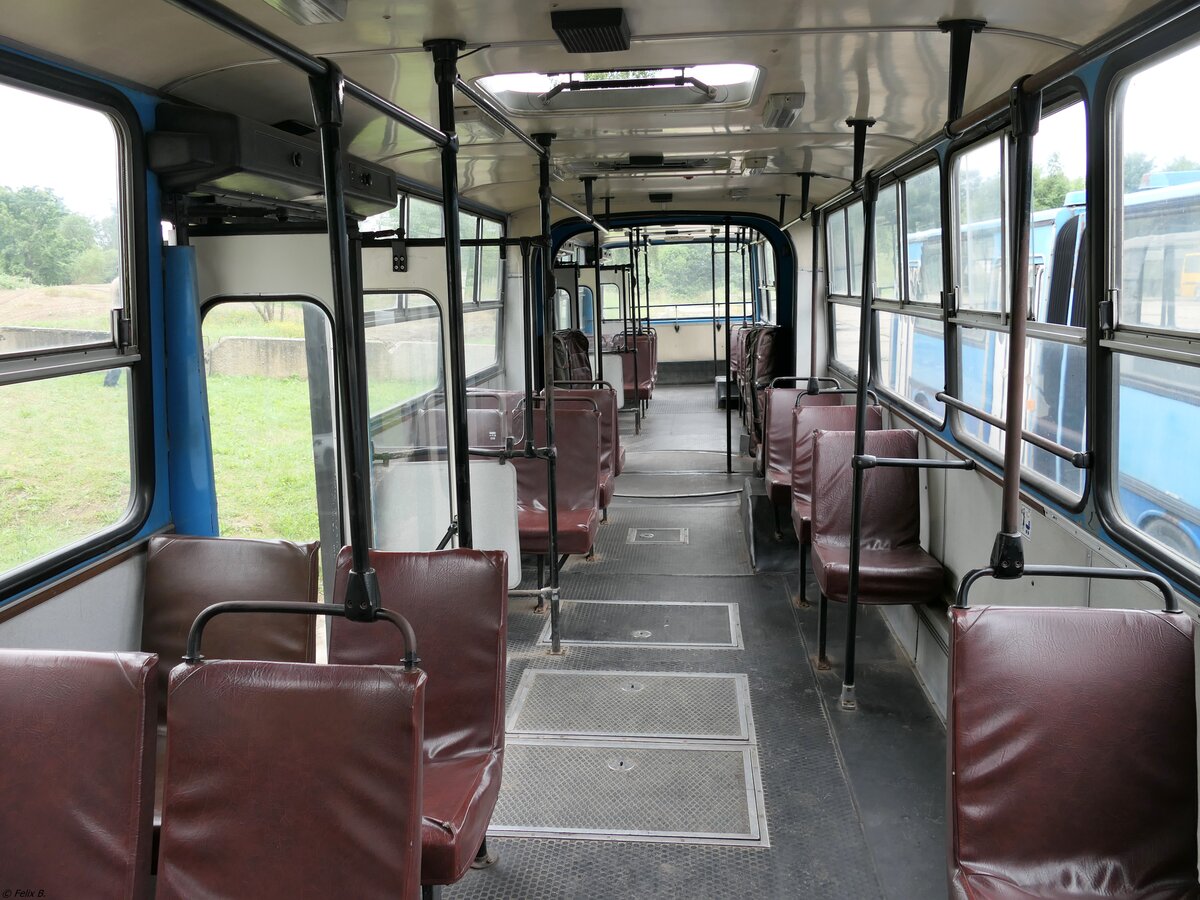 Der Fahrgastraum des Ikarus 280 vom Technikmuseum Pütnitz (exex Kapos Volán Zrt. (BY 64-60), ex Kaposvári Közlekedési Zrt. (BRS-306)) in Pütnitz.