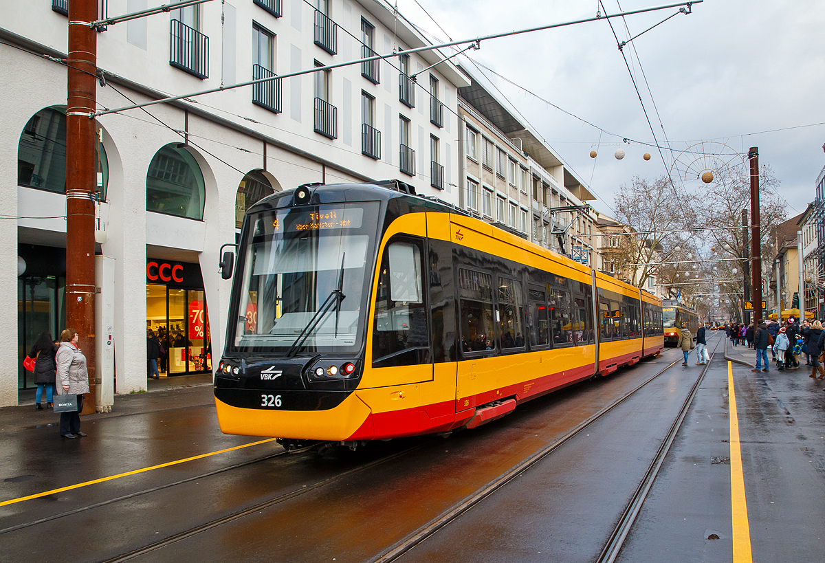 Der Gelenk-Triebwagen der Verkehrsbetriebe Karlsruhe VBK 326, ein Vossloh „Citylink NET 2012“ (NET=Niederflur Elektrotriebwagen) am 16.12.2017 in Karlsruhe, als Straßenbahn-Linie 4 nach Tivoli, an der Station Marktplatz.

Die Straßenbahn Karlsruhe ist neben der Stadtbahn das zweite schienengebundene öffentliche Personennahverkehrsmittel in Karlsruhe. Das von den Verkehrsbetrieben Karlsruhe (VBK) betriebene normalspurige Straßenbahnnetz erstreckt sich über eine Gesamtlänge von 71,5 Kilometern und wird teilweise auch von der Stadtbahn mitbenutzt. Die Straßenbahn ist Bestandteil des Karlsruher Verkehrsverbunds (KVV) und besteht aus sieben regulären sowie drei Sonderlinien.