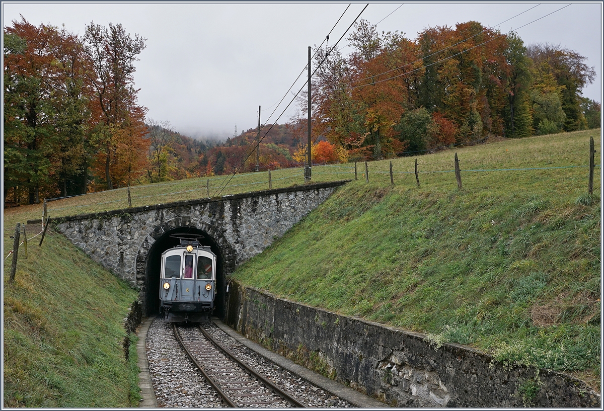 Der MCM Triebwagen der Blonay-Chamby Bahn verlässt den kurzen Tunnel nach der Baie de Clarens Schlucht.

28. Okt. 2018