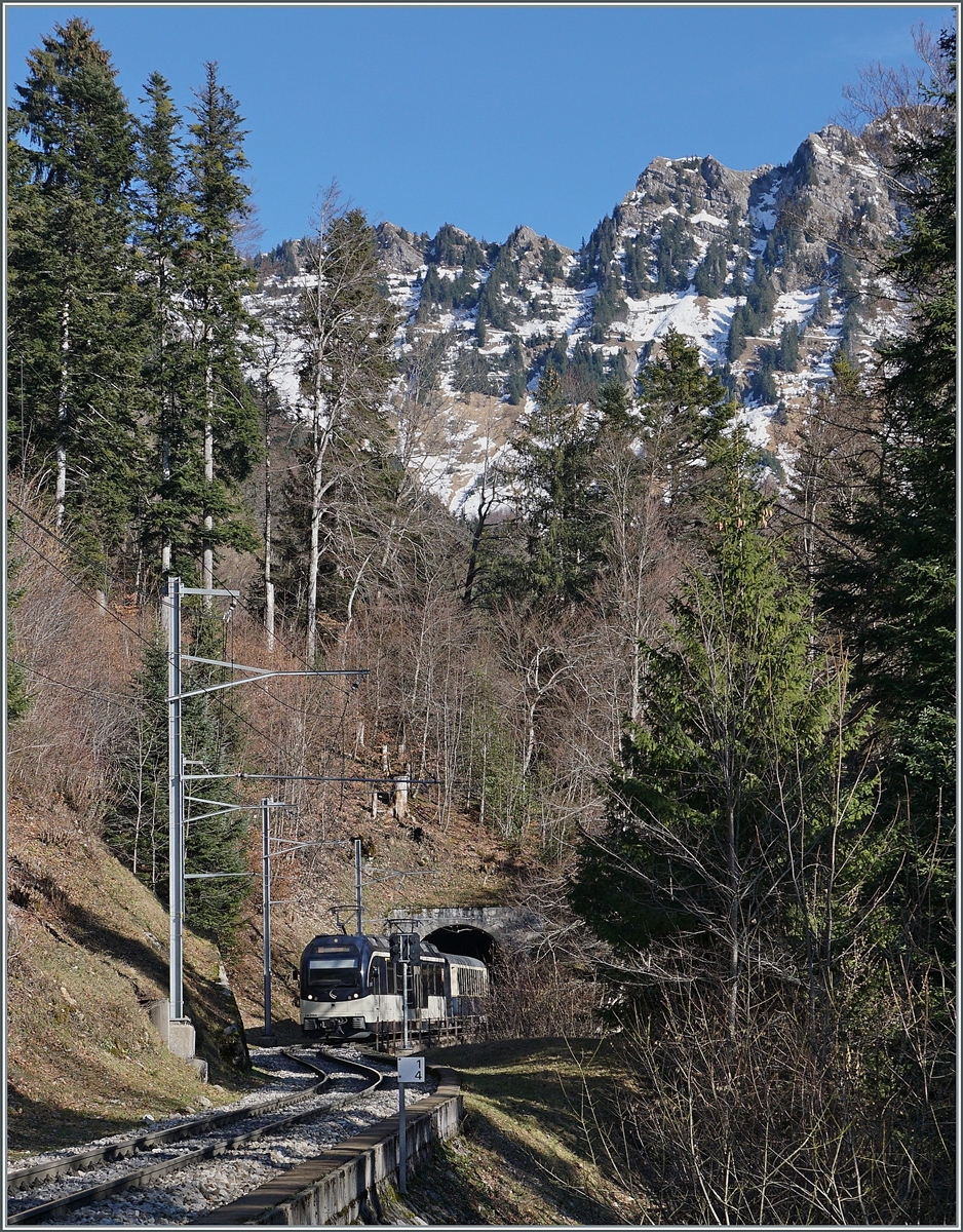 Der MOB ABe 4/4 9302 (und ein weiterer Alpina am Zugschluss) sind kurz vor Les Avants mit dem MOB Belle Epoque Zug von Zweisimmen nach Montreux unterwegs. 

28. Jan. 2024