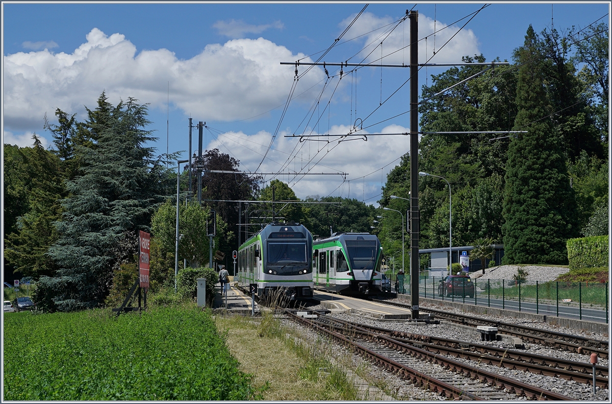 Der neue LEB Be 4/8 N° 62 auf einer Dienstfahrt (Testfahrt?) in Richtung Lausanne-Flon wird in Jouxtens-Mézery von eine RBe 4/8 gekreuzt, was die Gelegenheit bietet, die beiden verschiedenen Gesichter der beiden Stadler Züge zu vergleichen. 

22. Juni 2020