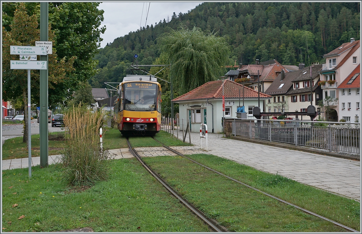 Der von Pforzheim kommende AVG 450 894 zwischen Bad Wildbad Bf und Bad Wildbad Uhlandplatz. 

15. Sept. 2021