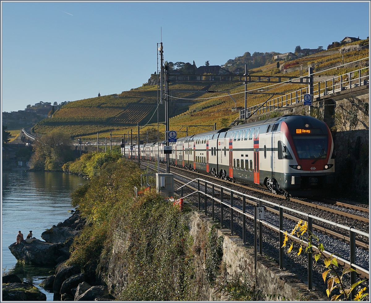 Der SBB RABe 511 111 und ein weiteres auf der Fahrt nach Vevey zwischen Rivaz und St-Saphorin.
16. Okt. 2017