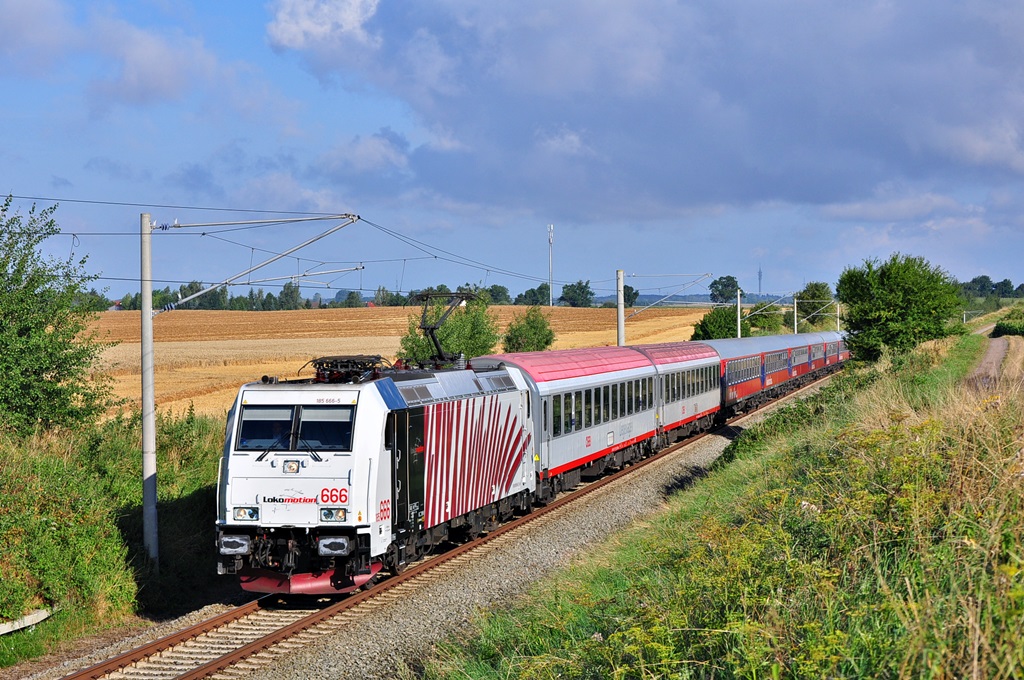 Der Teufel kommt!!
185 666 von Lokomotion bespannte am 31.07.2014 den BTE/ÖBB-Zug von Warnemünde nach Berlin.Etliche Passagiere der in Warnemünde liegenden  Norwegian Star  verbrachten einen Tag in Warnemünde.