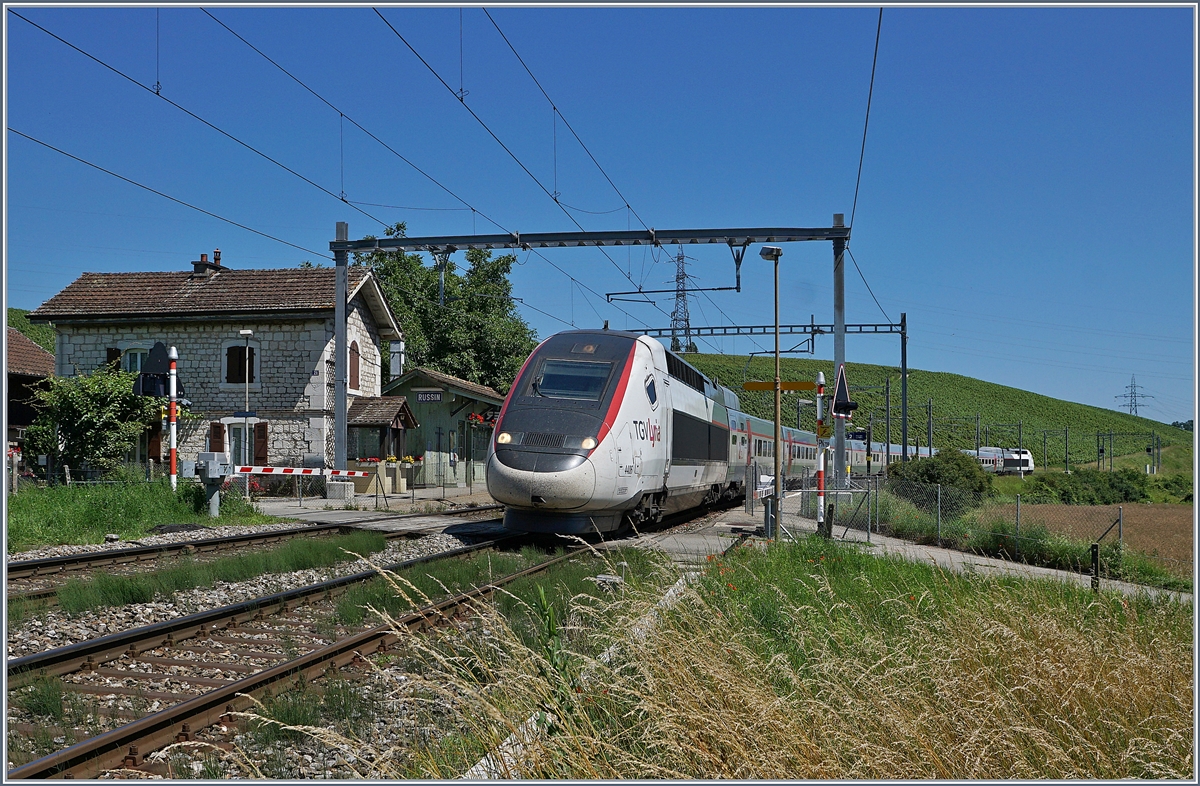 Der TGV Lyria 4416 auf dem Weg nach Paris bei der Durchfahrt in Russin.

19. Juni 2018