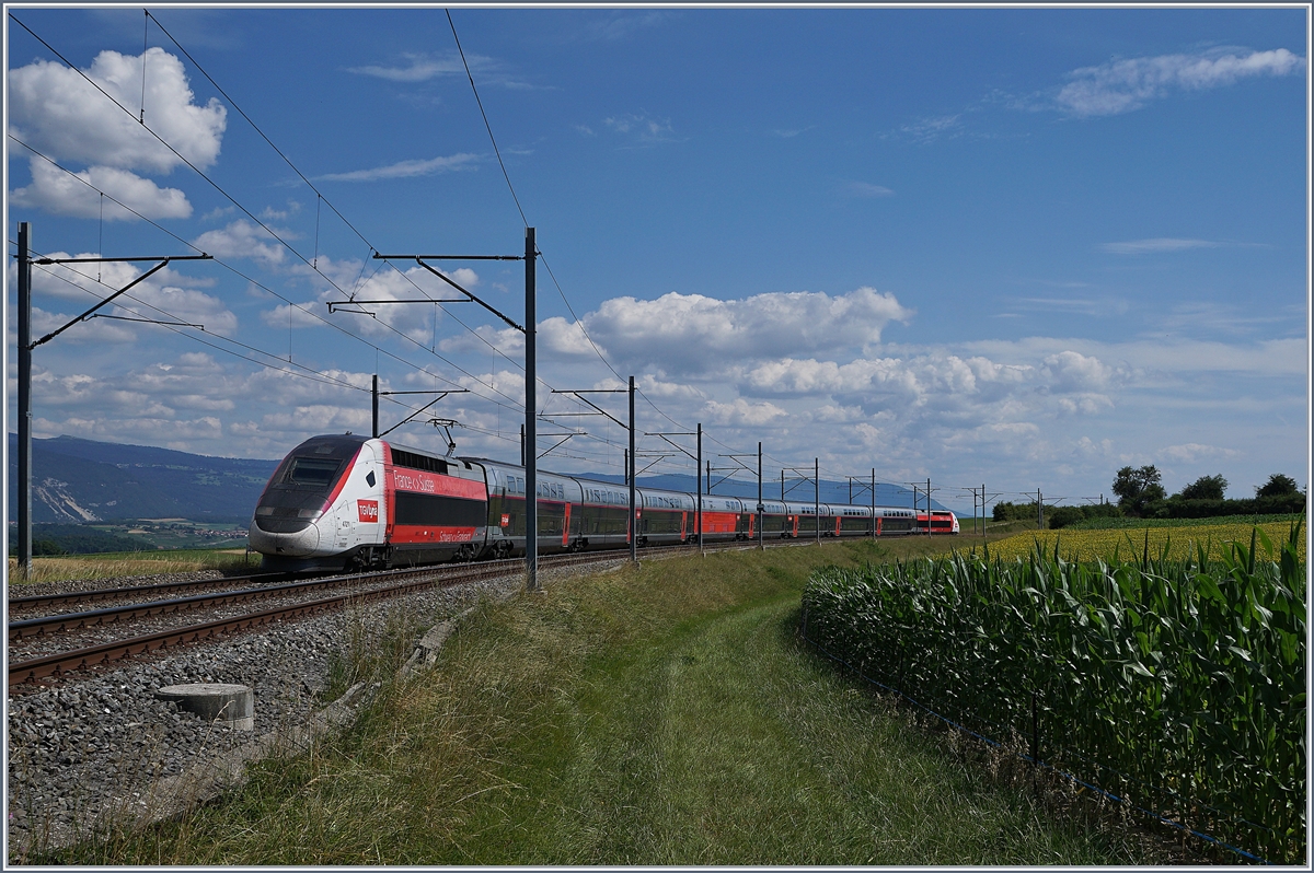 Der TGV Lyria 9261 von Paris Gare de Lyon nach Lausanne oberhalb von Arnex auf der Fahrt durch die hügligen Jurasüdfuss Landschaft. 

14. Juli 2020