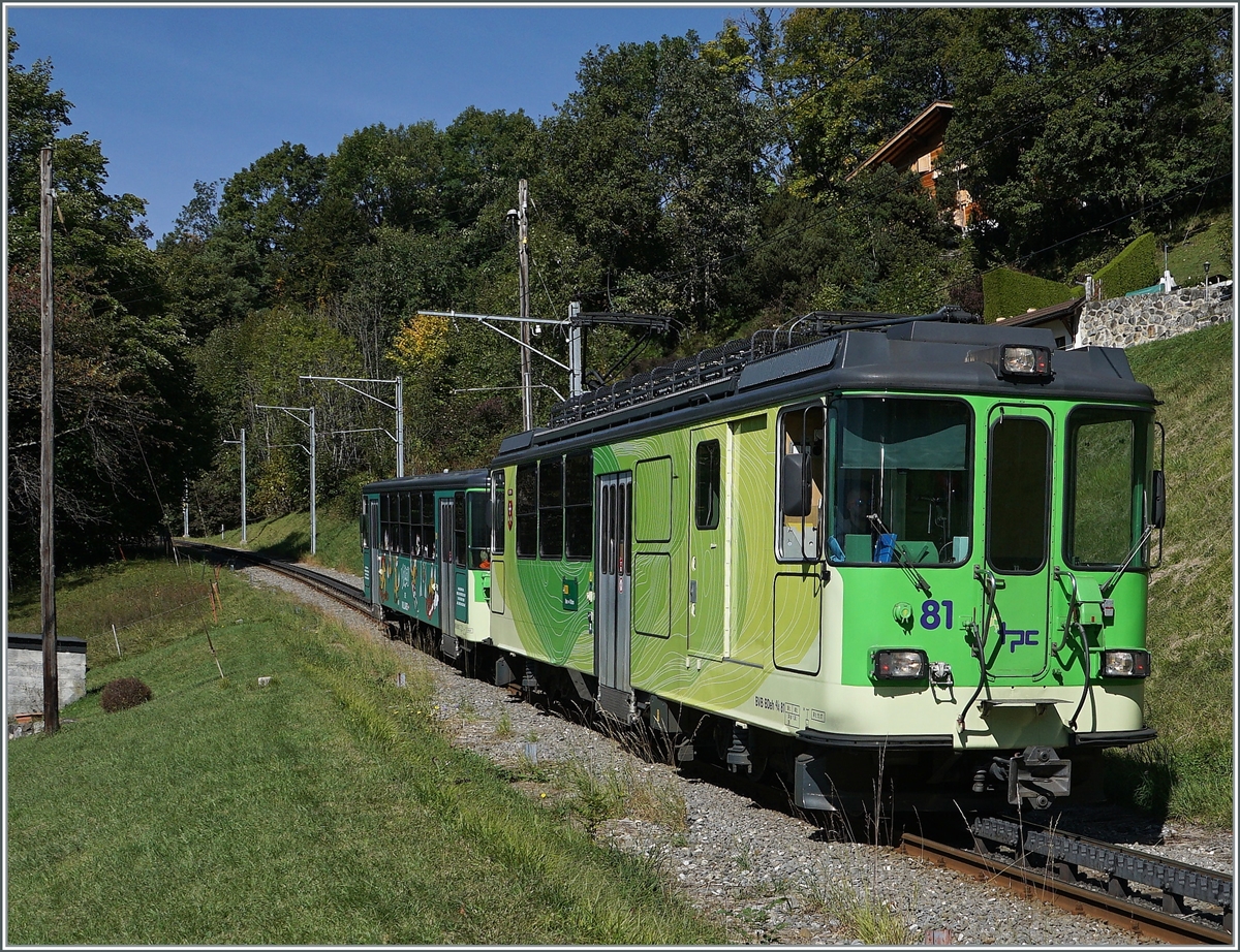 Der TPC BVB BDeh 4/4 81 mit Bt auf der Fahrt nach Bex bei Les Posses. 

11. Okt. 2021