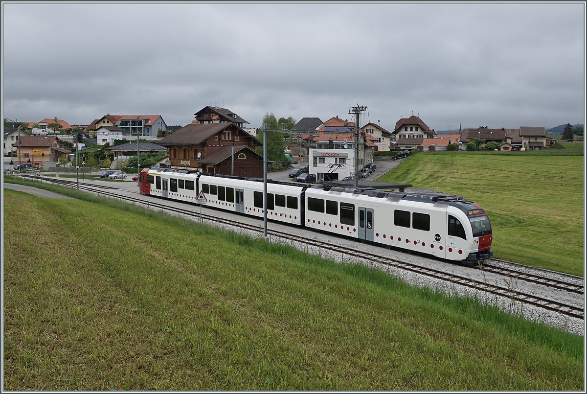 Der TPF Regionalzug S50 nach Palézieux wartet in Vaulruz Sud auf den Gegenzug. 

12. Mai 2020