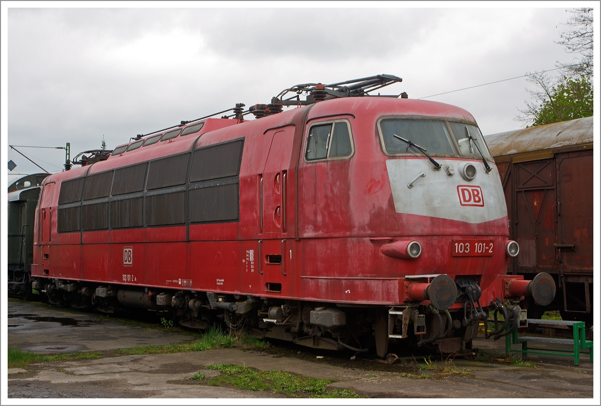 Die 103 101-2  in orientrot mit einem weißen Lätzchen am 28.04.2013 m Eisenbahnmuseum in Darmstadt-Kranichstein.
 
Die E 03.1 wurde 1970 von Krauss-Maffei unter der Fabriknummer 19461 gebaut, der elektrische Teil ist von Siemens, die Indienststellung erfolgte am 07.01.1971.

Die Baureihe 103 (Anfangs: E 03) sind schwere sechsachsige Elektrolokomotiven, die im schnellen Reisezugverkehr der Deutschen Bundesbahn (DB) eingesetzt wurden. Die E 03/103 waren lange das Flaggschiff der Deutschen Bundesbahn (DB) Mit ihrer Dauerleistung von 7.440 kW (10.116 PS) waren die E 03 bei ihrer Indienststellung die stärksten einteiligen Lokomotiven der Welt und sind bis heute die leistungsstärksten Lokomotiven, die eine Bahn in Deutschland je im Liniendienst eingesetzt hat.

Die DB setzte ab 1965 vier Vorserien-Exemplare der E 03 als  Schnellfahrlokomotive  ein. Diese wurden 1968 gemäß neuem Nummernschema der DB in 103 001 bis 004 umgezeichnet. Von 1970 bis 1974 gingen die insgesamt 145 Serienlokomotiven als 103 101 bis 245 in Betrieb. Sie trugen die offizielle Baureihenbezeichnung 103.1.

Ab 1997 wurden die 103 von der Deutschen Bahn AG nach und nach ausgemustert und im Personenverkehr durch die Baureihe 101 ersetzt. Nach fast dreißig Betriebsjahren waren die Fahrzeuge durch den Einsatz über lange Strecken vor schweren InterCity-Zügen bei Geschwindigkeiten bis zu 200 km/h verschlissen. 2003 verordnete die Deutsche Bahn die Stilllegung aller Fahrzeuge, setzt aber bis heute noch vier Lokomotiven als Einsatzreserve, für Sonderzüge, Überführungen oder auch Planzüge ein. 

Die ersten Serienloks waren noch mit Scheren-Stromabnehmern Bauart DBS 54a mit speziellen Hochgeschwindigkeits-Wippen ausgerüstet. Ab 1976 wurden Einholm-Stromabnehmer SBS 65 verbaut, welche mit den ersten Serien-111ern getauscht wurden. Es war mehrfach vorgekommen, dass die Scherenstromabnehmer die Fahrleitung herunterrissen.

Als Fahrmotoren verfügen die Serienexemplare der Baureihe 103 über sechs von SSW neu entwickelte zwölfpolige Wechselstrom-Reihenschlussmotoren vom Typ WB 368/17f mit Fremdlüftung und einer Höchstdrehzahl von 1.525/min sowie einem Motorgewicht von 3500 kg. Die Motoren für die Serienloks erreichten in ihrer letzten Entwicklungsstufe eine Dauerleistung von 1240 kW.

Die ersten Einsatzjahre:
Die 103er zogen ab 1971 hauptsächlich die neuen einklassigen InterCity-Züge, aber auch die komfortablen einklassigen TEE-Züge von 1972 bis zu deren Einstellung oder Ersatz durch den EuroCity im Jahre 1987, darunter auch den berühmten Rheingold. Eine weitere wichtige Aufgabe der 103 war ab 1971 auch das Befördern von Nachtzügen für Bahnpost auf der Nord-Süd-Achse. Die Serienlokomotiven übernahmen ab 1974 nahezu alle InterCity-Züge.

Allerdings durfte bis 1977 nur mit maximal 160 km/h gefahren werden, denn die Strecken waren noch nicht für die Höchstgeschwindigkeit der 103 ausgelegt. Die Züge forderten mit ihren vier bis fünf Wagen die Leistungsfähigkeit der Lokomotiven nicht im vollen Umfang.

Erst ab 1977 konnten die ersten Streckenabschnitte für 200 km/h reguläre Geschwindigkeit zwischen Donauwörth-Augsburg-München, Hannover-Uelzen und Hamburg-Bremen in Betrieb genommen werden. Die 103 konnte auf einzelnen Schnellfahrabschnitten erstmals im regulären Reisezugverkehr ihre zulässige Höchstgeschwindigkeit fahren. Frühere Fahrten über 160 km/h waren nur mit befristeten Ausnahmegenehmigungen möglich.
1979 änderte die Bundesbahn ihr Konzept für die InterCity-Züge. Es wurde die 2. Wagenklasse eingeführt, die Züge wurden auf elf bis vierzehn Wagen verlängert, was ein wesentlich höheres Zuggewicht ergab. Dennoch hielt die Bundesbahn an 200 km/h Höchstgeschwindigkeit fest, was die 103 ebenfalls bewältigte. Allerdings musste man feststellen, dass mit den vorhandenen 144 Loks nicht alle Intercity-Züge bespannt werden konnten. Wenn erforderlich, wurde sie durch die Baureihen 110, 111 und 112 ersetzt. Durch die stärkere Beanspruchung häuften sich auch die Schäden sowie die Reparaturarbeiten an den Lokomotiven. Trotzdem wurde 1985 die tägliche Fahrleistung von bisher 156 Zügen auf 183 Züge erhöht. Die durchschnittliche tägliche Fahrleistung lag nun bei über 1400 km.

Ihr Einsatz vor InterCity-Zügen, den seinerzeit schnellsten Zügen der DB, der durch sein verzweigtes Liniennetz ihre ständige Präsenz in den größeren Bahnhöfen nach sich zog, brachte der Baureihe 103 einen hohen Bekanntheitsgrad ein. 

Ab dem Sommerfahrplan 1988 gingen die Zugleistungen der Baureihe 103 erstmals zurück, weil die ersten Serienexemplare der ebenfalls 200 km/h schnellen Baureihe 120 mit Drehstromantrieb in Dienst gestellt wurden.

Technische Daten:
Achsfolge:  Co´ Co´
Spurweite:  1.435 mm
Drehgestellmittenabstand:  9.600 mm
Achsstand im Drehgestell:  2 x 2.250 mm
Gesamtachsstand:  14.100 mm
Länge über Puffer:  19.500 mm (später ab 103 216 20.200 mm)
größte Breite:  3.090 mm  
größte Höhe ü. SO.:  4.492 mm  
Dienstgewicht:  116 t
Achslast:  19,3 t
Gewicht Drehgestell:  31.000 kg 
Kleinster Befahrbarer Radius: 140 m
Stromsystem:  15 kV, 16 2/3 Hz  15 kV, 16 2/3 Hz
Stromabnehmer:  Anfangs 2 x Scherenstromabnehmer DBS 54 a, später Umbau mit 2 x Einholmstromabnehmer SBS 65 
Zahl der Fahrstufen:  39

Fahrleistungen:
Höchstgeschwindigkeit:  200 km/h
Kurzzeitleistung:     10.400 kW, auf 9.000 kW begrenzt
Stundenleistung:  7.780 kW
Dauerleistung:  7.440 kW
Anfahrzugkraft:  312 kN
