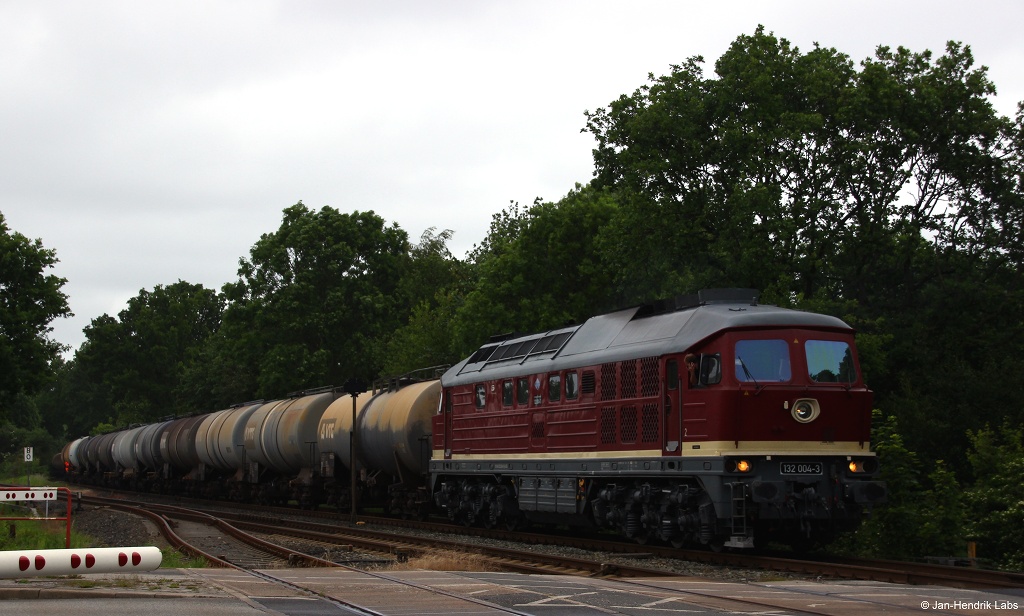 Die 132 004-3 der LEG rangierte am 24.6.15 ihren Kesselzug im Bf. Suchsdorf.