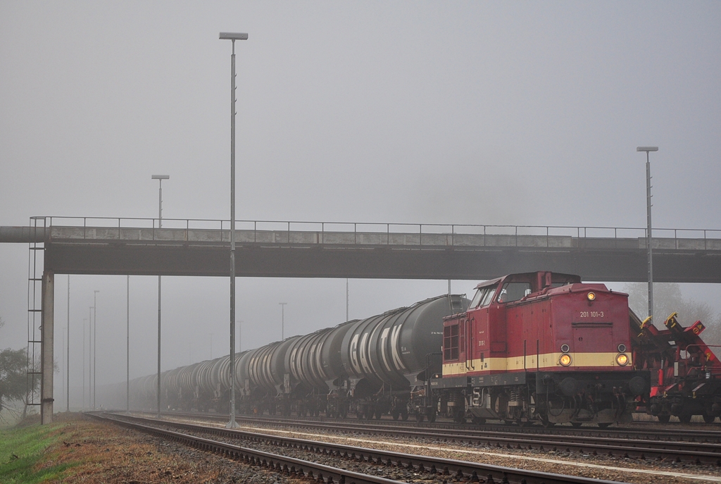 Die 201 101 der WFL rangiert am nebeligen 15.11.2013 in Rostock-Seehafen einen Kesselzug.