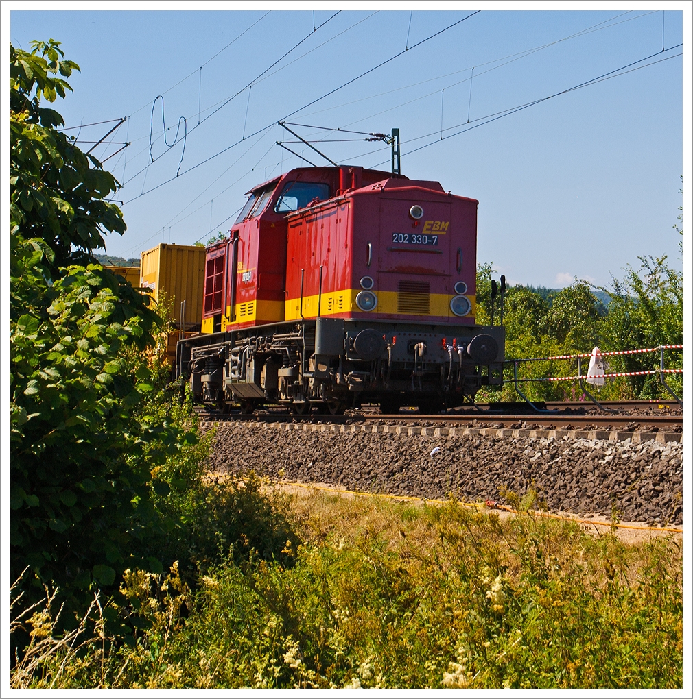 
Die 202 330-7 der  EBM Cargo GmbH (ex DR 110 330-8, ex DR 112 330-6) am 20.07.2013 im Bauzugdienst (mit MFS-Wagen) in Katzenfurt  (Lahn-Dill-Kreis) an der KBS 445  Dillstrecke . 

Die V 100.1 wurde 1971 bei LEW (VEB Lokomotivbau Elektrotechnische Werke  Hans Beimler , Hennigsdorf) unter der Fabrik-Nr. 12839 gebaut und als 110 330-8 an die DR geliefert.  Ein Umbau (Remotorisierung) in 112 330-6 erfolgte 1990, 1992 wurde sie dann in DR 202 330-7 umgezeichnet und zum 01.01.1994 lief sie dann als DB 202 330-7 bis sie im Jahr 2000 dort  z-gestellt und ausgemustert wurde. 
Nach vielen Stationen und 3 Farbwechsel kam sie  2011 zur EBM Cargo GmbH (Gummersbach) als 202 330-7, hier trägt sie nun die NVR-Nummer 92 80 1202 330-7 D-EBM.