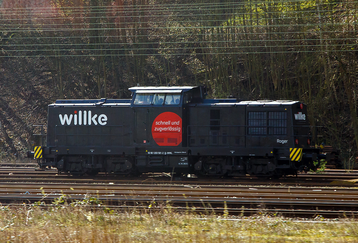 Die  203 501 „Roger“ (92 80 1203 501-2 D-WWL) der Willke Logistics GmbH (Ludwigslust) konnte ich am 19.03.2019 kurz vor Hamburg aus dem Zug heraus fotografieren.

Die DR V 100.1 wurde 1971 bei LEW (VEB Lokomotivbau Elektrotechnische Werke „Hans Beimler“ Hennigsdorf) unter der Fabriknummer 12888 gebaut und als DR 110 379-5 an die Deutschen Reichsbahn geliefert. Im DR Bw Erfurt erfolgte 1984 ein Umbau und  die Umzeichnung in DR 112 379-3. Bedingt durch die Wiedervereinigung erhielt die Lok zum 01.01.1992 die Umzeichnung in DR 202 379-4 (BR 112 waren nun E-Eloks), nach dem Zusammenschluss der beiden deutschen Bahnen wurde die Lok zur DB 202 379-4, als diese lief sie bis zur Ausmusterung im Jahre 2000 und sie ging ans Schienenfahrzeugzentrum Stendal der DB Regio AG. 

Im SFZ - Schienenfahrzeugzentrum Stendal wurde sie dann 2001 rekonstruiert und remotorisiert, dabei bekam sie einen neuen Caterpillar- V12-Zylinder-Viertakt-Dieselmotor mit Turboaufladung und Ladeluftkühlung vom Typ  CAT 3512 DI-TA mit einer Leistung 1.082 kW (1.472 PS). Nach diesem Umbau wurde sie erst zur 203 204-3. 

Weiter Stationen:
2002  EBM Cargo – Gummersbach 
2004  TLG - Transport und Logistik AG, TGL19
2006  EBW - Eisenbahnbewachungs-GmbH, V 150.12
2007  Vergabe der NVR-Nummer  92 80 1203 501-2 D-EBW und somit nicht mehr 203 204-3.
2010 RTS - Rail Transport Service Germany GmbH, München 
(92 80 1203 501-2 D-RTS).
2016 ging sie dann an die Willke Logistics GmbH in Ludwigslust.

TECHNISCHE DATEN:
Spurweite: 1.435 mm (Normalspur)
Achsformel: B'B'
Länge über Puffer: 14.320 mm
Drehzapfenabstand: 7.000 mm
Achsstand im Drehgestell: 2.300 mm
Raddurchmesser: 1.000 mm (neu)
Breite: 3.140 mm
Höchstgeschwindigkeit: 100 km/h 
Dienstgewicht: 64 t
Nennleistung: 1.082 kW (1.472 PS)
Hubraum: 51,7 Liter (Bohrung-Ø 170 x Hub 190 mm)
Leistungsübertragung: dieselhydraulisch
Anfahrzugkraft: 207 kN
Kleinste befahrbarer Gleisbogen: R 80 mm