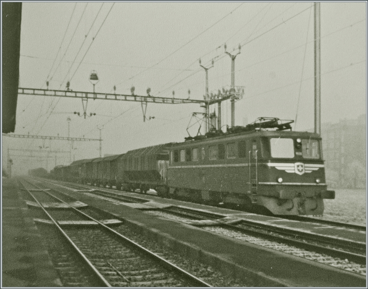 Die aargauische Südbahn ist vor allem für den Güterverkehr von und zum Gotthard von grosser Bedeutung. Im Bild die (von Märklin bekannte) Ae 6/6 11141  Kanton BERN  mit einem Güterzug auf der Fahrt in Richtung Rotkreuz in Dottikon-Dintikon. 

Analogbild vom  Januar 1983