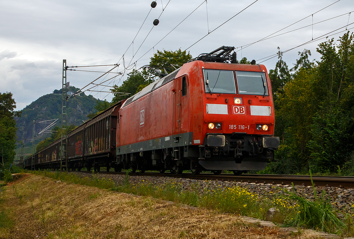 Die auch für die Schweiz zugelassene 185 116-1 (80 6185 116-1 D-DB) der DB Cargo AG fährt am 03.08.2020 mit einem gedeckten Güterzug durch Bad Honnef in Richtung Süden. Oben im Hintergrund  der berühmte Drachenfelsen.

Die TRAXX F140 AC1 wurde 2003 bei Bombardier in Kassel unter der Fabriknummer 33556 gebaut. Sie hat die Zulassungen für Deutschland und die Schweiz, man kann es auch an den vier DSA-200 Einholm-Stromabnehmer erkennen. Außen sind jeweils die für das Schweizernetz bestimmten Stromabnehmer mit einer Wippenbreiten von 1.450 mm (500 mm schmaleren) und innen die DB-Netz bestimmten mit einer Wippenbreiten von 1.950 mm.

Ende 2015 war die Lok sogar an die SBB Cargo ausgeliehen.