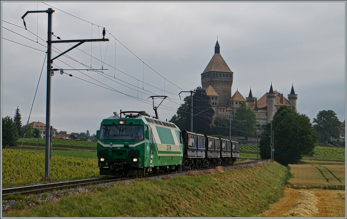 Die BAM Ge 4/4 N° 22 mit einem  Rollbock -Güterzug beim Château de Vufflens. 
3. Juli 2014