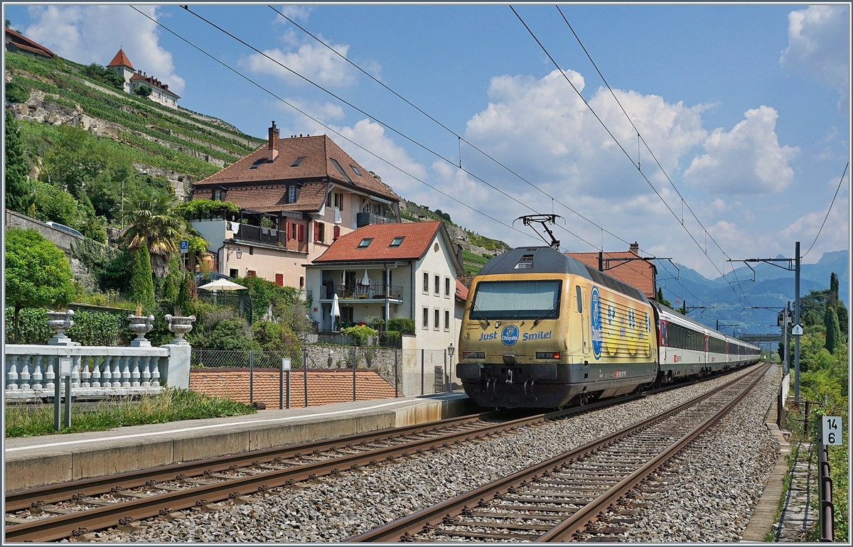 Die Bananenlok Re 460 029-2 passt zum mediterranen Flaire von St-Saphorin. 
23. Juli 2018