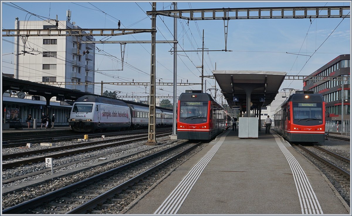 Die beiden Be 4/8 110 (von St-Urban) und 111 (von Solothurn) in Langenthal. Während der Be 4/8 110 in Langenthal bleibt und ins Depot fahren wird, ist der Be 4/8 111 für die Rückfahrt nach Solothurn zurückfahren wird. 

10. August 2020