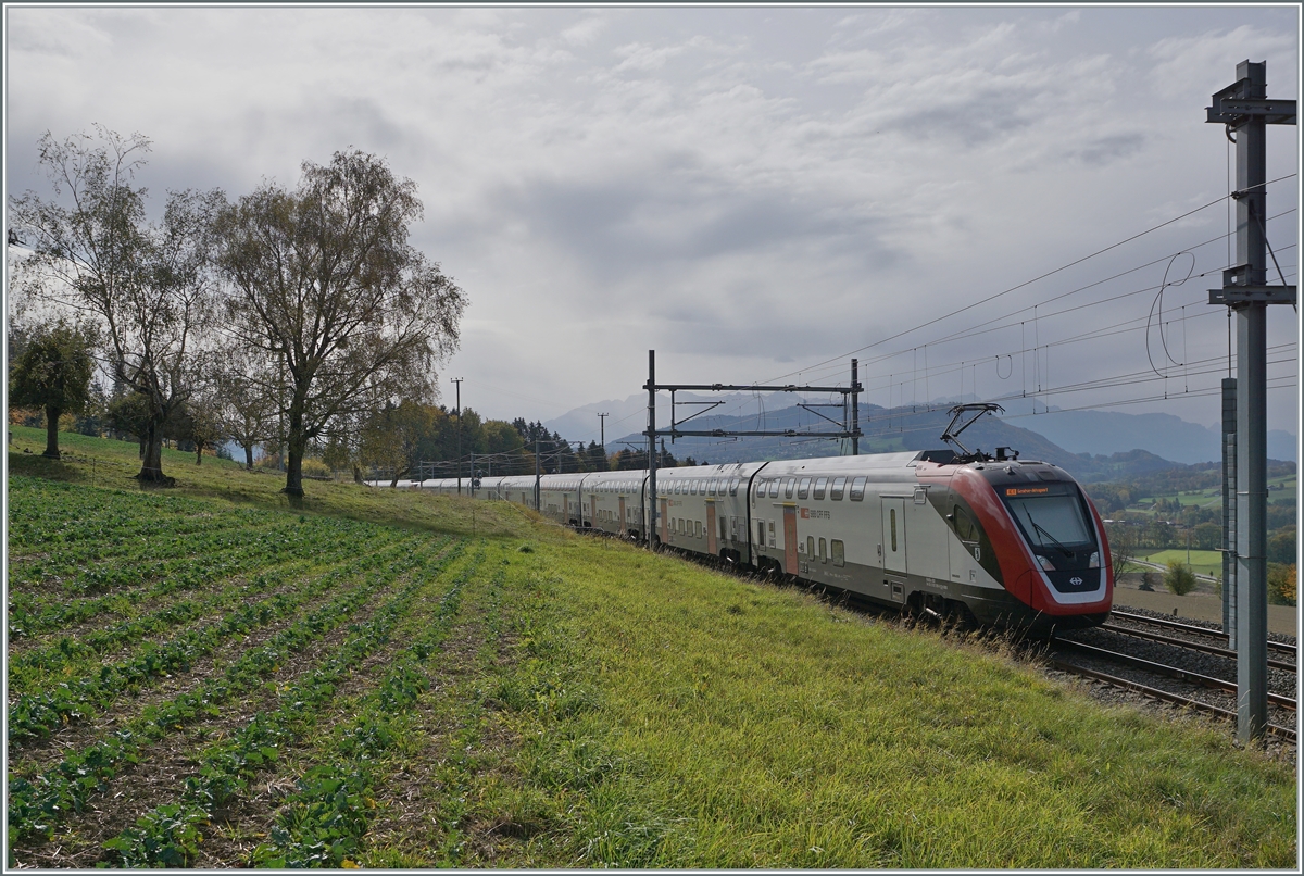 Die beiden SBB  Twindexx  RABe 502 213-7 und RABDe 009-9 (Stadt St.Gallen) bilden den langen  IC1 714 von St.Gallen nach Genève Aéroport den ich bei Oron fotografieren konnte.

22. Okt. 2020