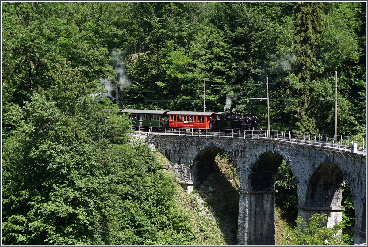 Die BFD HG 3/4 N° 3 der Blonay-Chamby Bahn ist wieder zurück! Und auch wieder im Einsatz, auch wenn  dies Foto der Lok beim ersten Planeinsatz Sonnenstandsmässig die Lok etwas unscheinbar auf dem Baye de Clarens Vidukt erscheinen lässt. Die Dampfwolke links im Bild stammt von der G 2x 2/2 105, welche mit der HGe 3/3 den Zug gemeinsam nach Blonay bringt. 

4. Juni 2022
