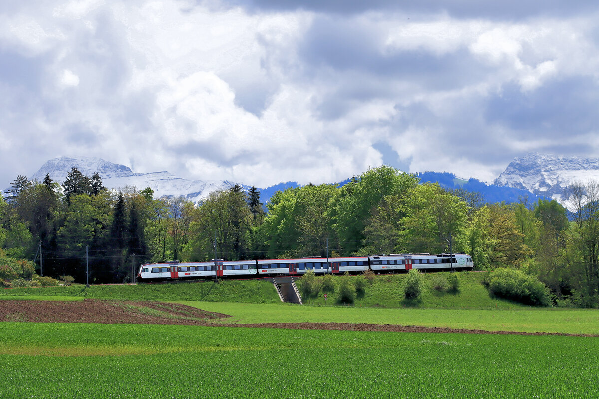 Die Broyetallinie: Ein NPZ Domino-Zug im Abstieg von Palézieux nach Palézieux Village. 20.Mai 2021 