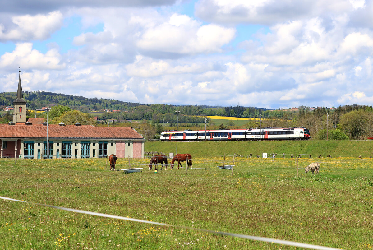 Die Broyetallinie: NPZ Domino-Zug in Palézieux Village, an der Steilstrecke von Palézieux zum Talboden in Moudon hinunter. 20.Mai 2021 