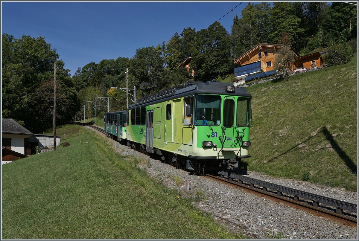 Die BVB TPC Strecke von Bex nach Villars wird meist von den BDeh 4/8 91 - 93 bedient, doch heute war der BDeh 4/4 81 mit dem Bt 63 in einem Umlauf in Einsatz. Das Bild zeigt den BDeh 4/4 81 kurz vor der Ankunft in Les Posses Regionalzug 537 von Villars sur Ollon nach Bex. 

11. Oktober 2021