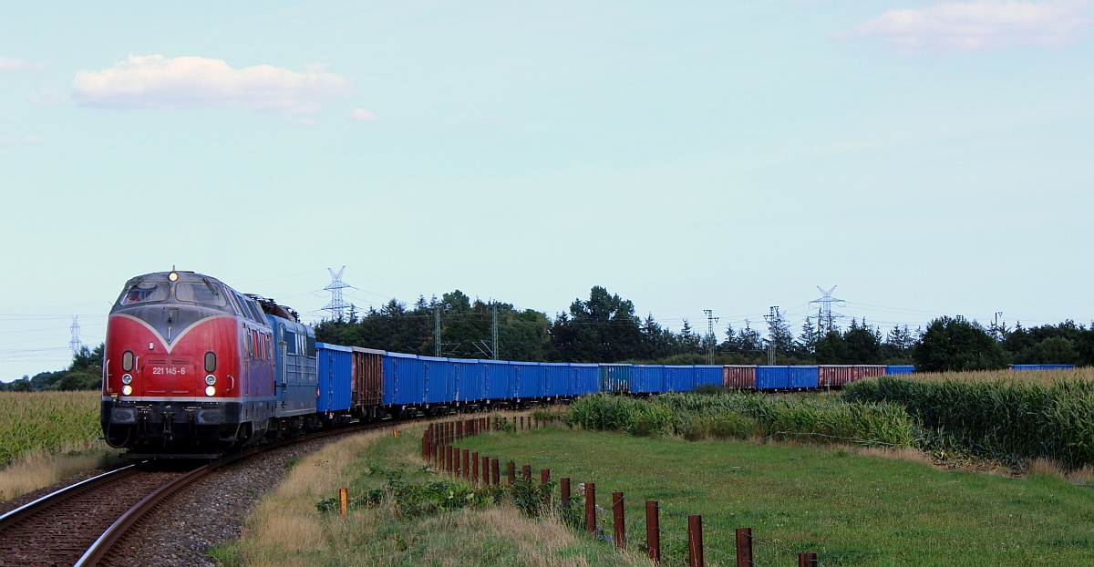 Die Entladung war beendet und es begannen die Rangierfahrten....Zuerst ging es in das Richtungsgleis nach Husum um den Zug auf Gleis 1 zu positionieren. EGP 221 145-6 und 151 007-2 mit ihrem Düngerkalk Zug aufgenommen am Bü Jyderupweg. 24.08.2021