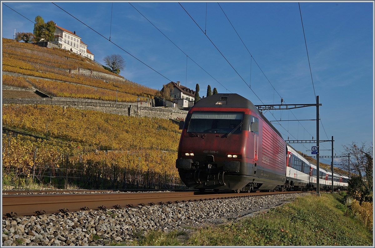 Die fast  weinrote  SBB Re 460 089-6 mit einem IR kurz vor Lutry.
3. Nov. 2017