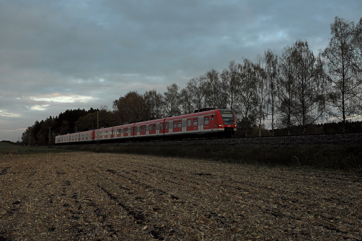 Die Hoffnung auf abendlichen Sonnenschein mußte am frühen Abend des 01.11.17 am Rand von Poing leider aufgegeben werden. 423 712-9 wurde dennoch ein Bild gewidmet, welcher als S2 nach Altomünster unterwegs war.