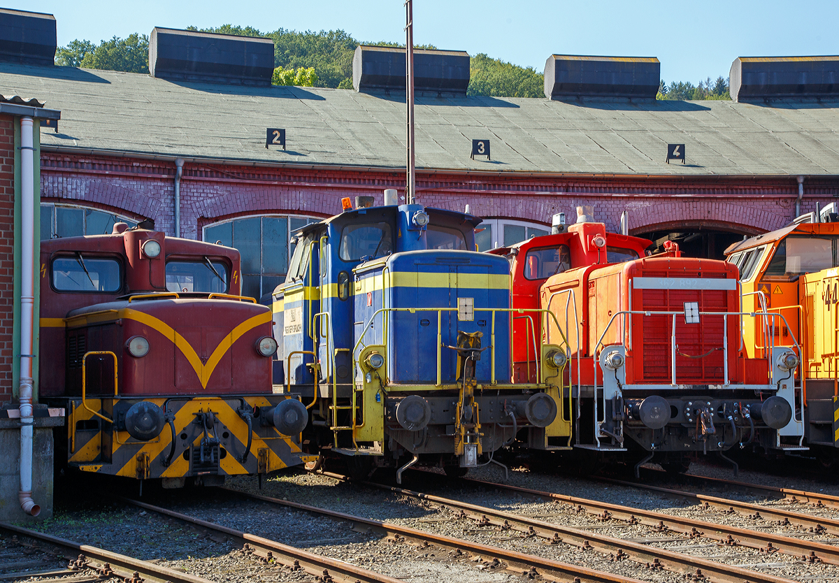 
Die kleinen Dieselhelfer aus den 1960zieger Jahren, ausgestellt am 24.08.2019 beim Lokschuppenfest am 14.08.2019 im Südwestfälische Eisenbahnmuseum in Siegen.

Von links nach rechts: 
Die ex KWD 11, später SK 11)Siegener Kreisbahn), 98 80 3942 018-3 D-EFBS eine Jung R 42 C, Baujahr 1960, Fabriknummer 13119;

Die ex DB 364 535-5, ex DB 360 535-9, ex DB 260 535-0, ex DB  V 60 535, Baujahr 1959 von Krupp in Essen unter der Fabriknummer 3958. Im Jahr 2006 von der DB an Reiner Brach GmbH & Co. KG, Werk Bremen verkauft, seit Februar 2019 im Besitz der NOBEG Reinold Eisenbahndienstleistungen; 

Die ex DB 362 892-2, ex DB 364 892-0, ex DB 360 892-4, ex DB 260 892-5, ex DB V 60 892, Baujahr 1959 von der Maschinenfabrik Esslingen AG unter der Fabriknummer 5261. Anfang 2019 von der DB Cargo ausgemustert und an die RNE Rhein-Neckar-Eisenbahnservicegesellschaft mbH verkauft, 

Die beiden V60 warten in Siegen auf eine neue Lackierung durch Rail-Design Bäcker.
