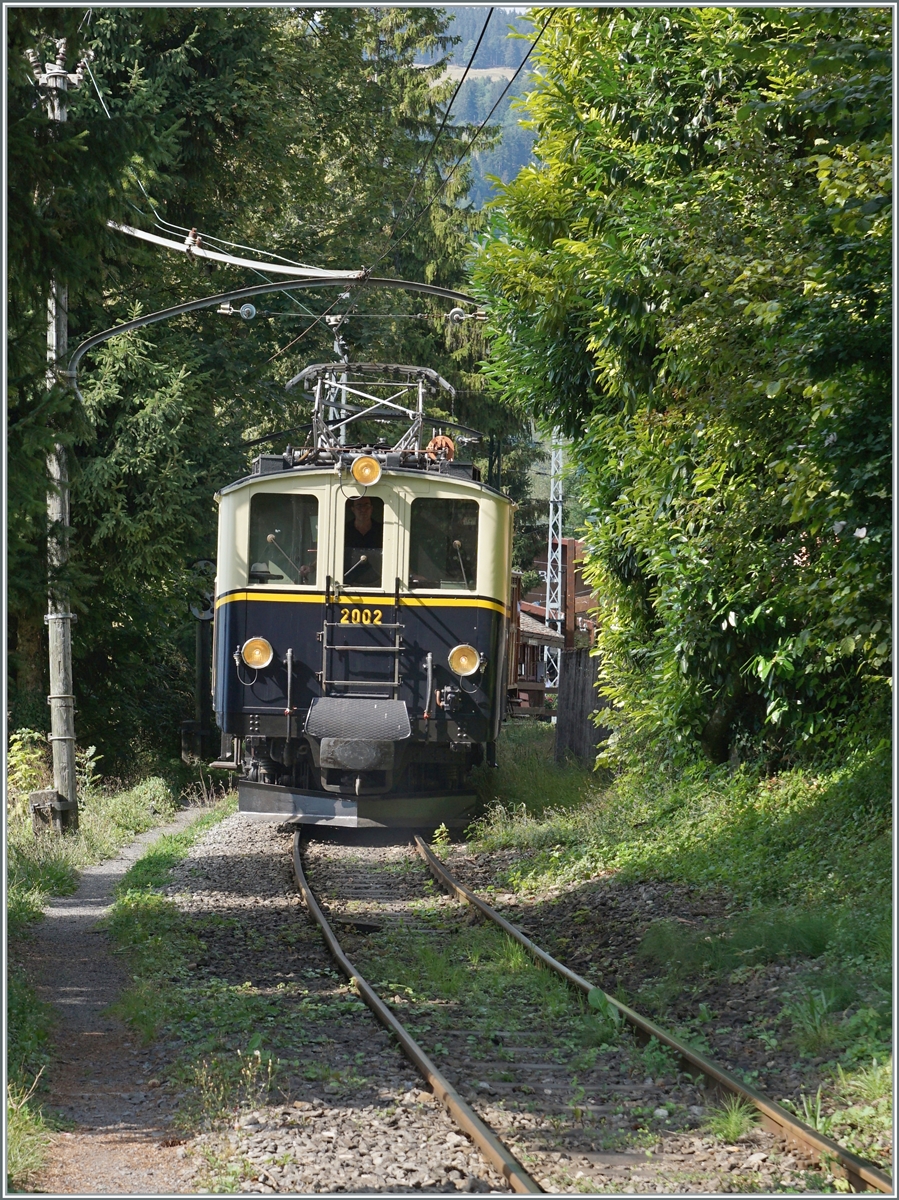 Die MOB DZe 6/6 2002 der Blonay-Chamby Bahn schiebt bei Chaulin ihren Zug in den Museumsbahnhof. 

13. Aug. 2023