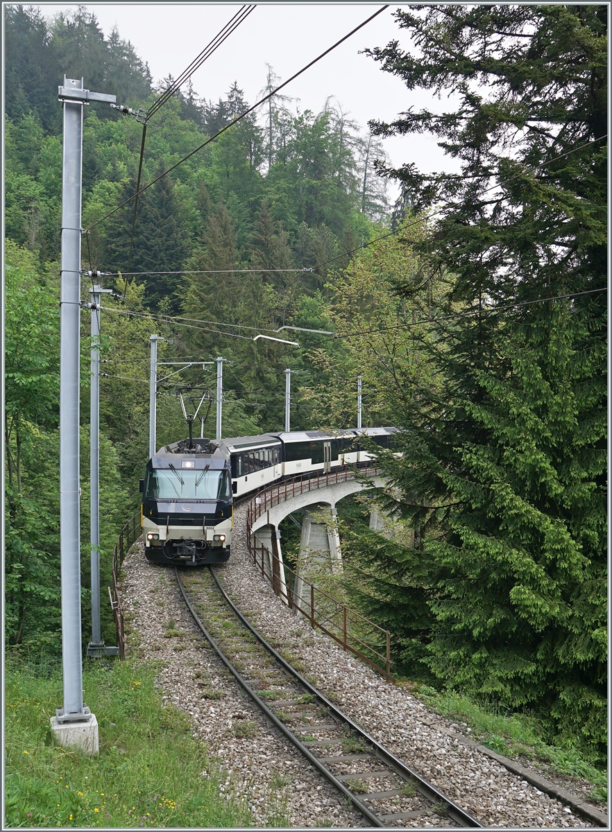 Die MOB Ge 4/4 8004 mit einem Panoramic Express auf der Fahrt nach Montreux zwischen Les Avants und Sendy Sollard unterwegs. 

16. Mai 2020