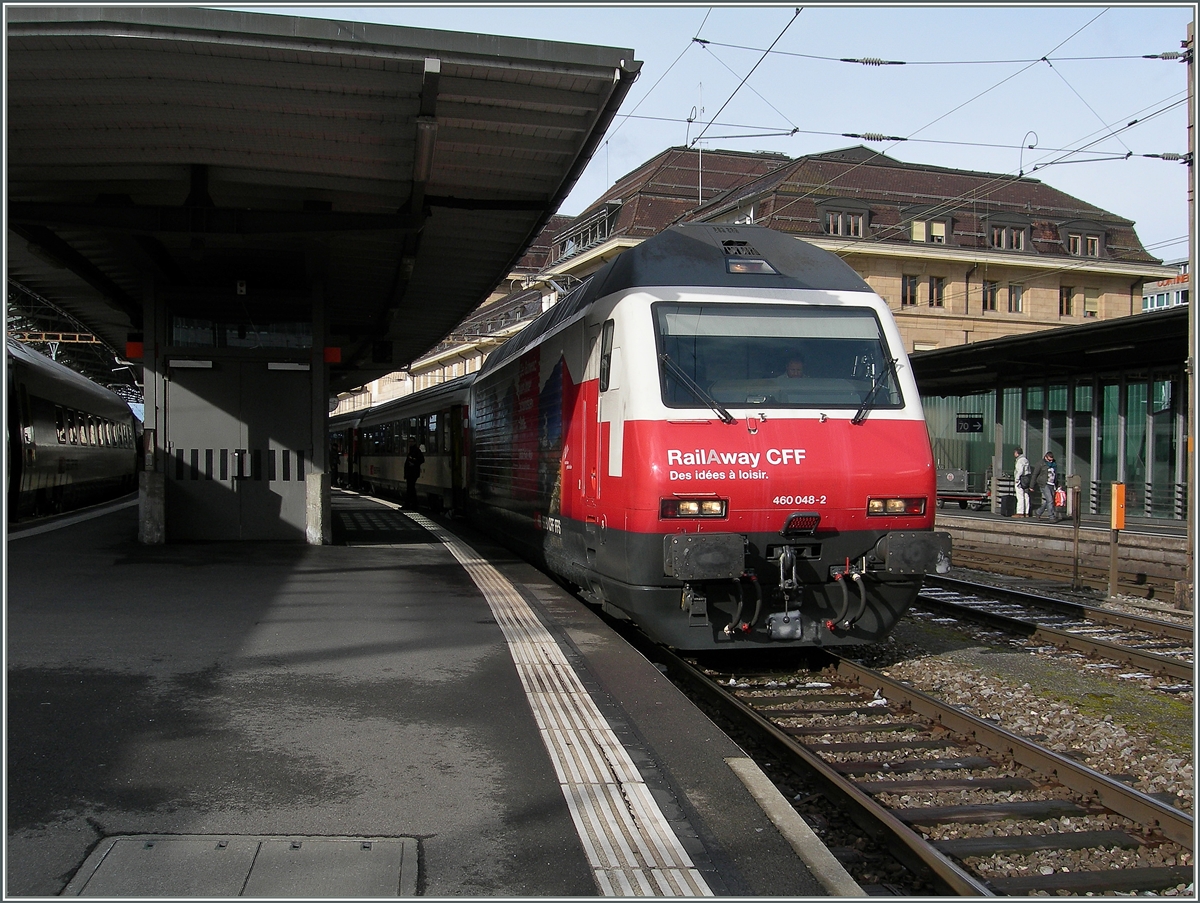 Die neues  Swiss-Tourisums  Re 460 48-2 Werbelok in Lausanne.
31. Jan. 2015