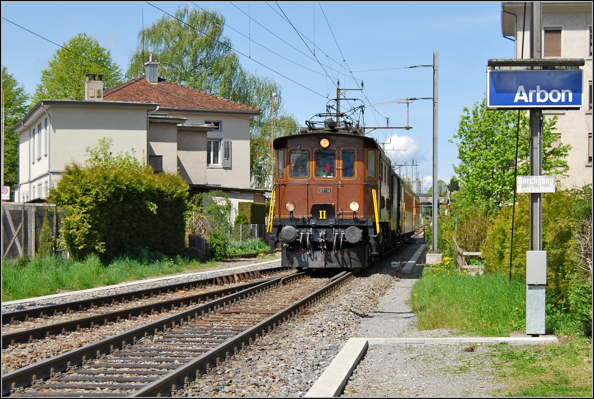 Die Nr. 14 der Bodensee-Toggenburg-Bahn im Pendelverkehr anlässlich der Arbon Classics. Mai 2008.