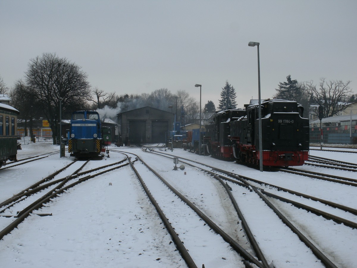 Die Putbuser Einsatzstelle am 26.Januar 2014.Zu erkennen 251 901,Mh 53,99 1784 und 99 1781,ebenfalls in der Est war 99 4802.