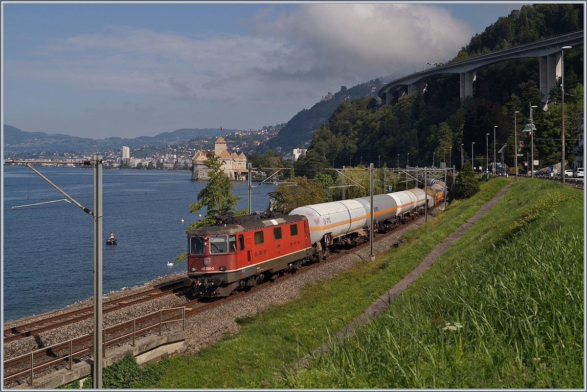 Die SBB Re 420 250-3 mit einem Güterzug kurz vor Villeneuve.

28. Aug. 2019