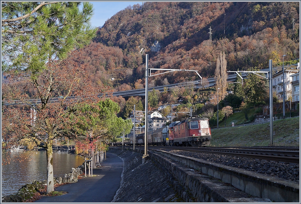 Die SBB Re 420 323-5 mit einem Güterzug in einer der spätherbstlichen Landschaft kurz vor Villeneuve.


28. Nov. 2018