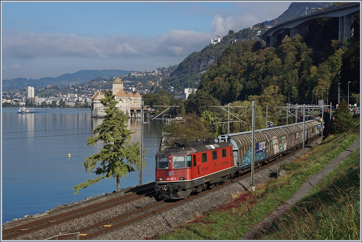 Die SBB Re 4/4 II 11250 (Re 420 250-3) ist mit einem Güterzug beim Château de Chillon auf dem Weg in Richtung Wallis. 

8. Okt. 2018