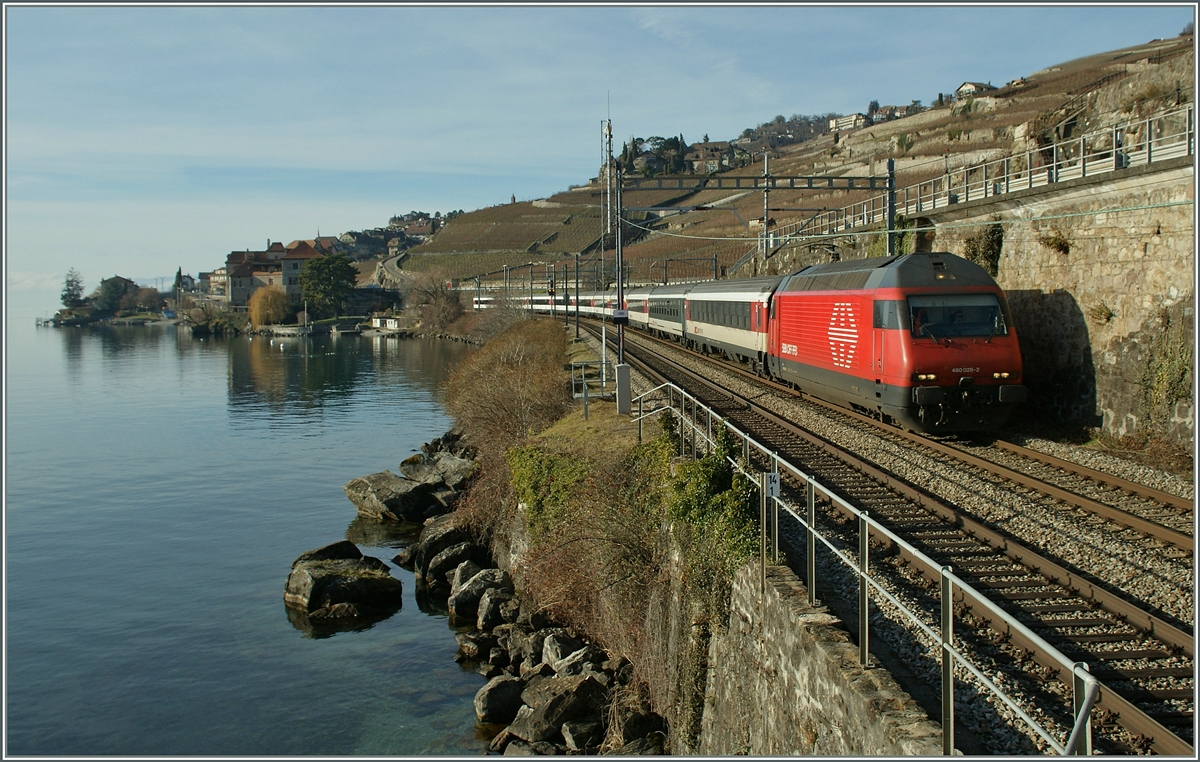 Die SBB Re 460 029-2 mit dem IR 1419 zwischen Rivaz und St Saphorin. 
1. Jan. 2014 