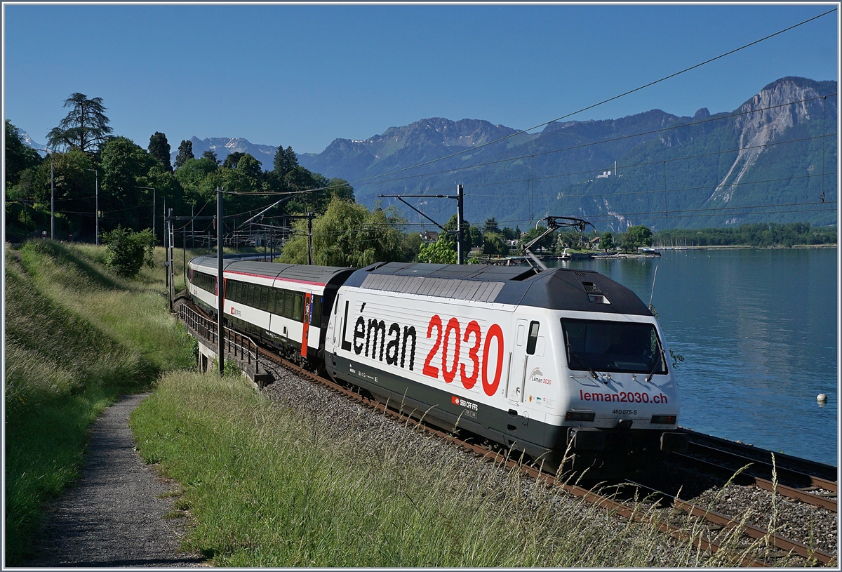 Die SBB Re 460 075-5  Léman 2030  mit ihrem IR 1713 auf dem Weg nach Brig kurz vor Villeneuve.

21. Mai 2020