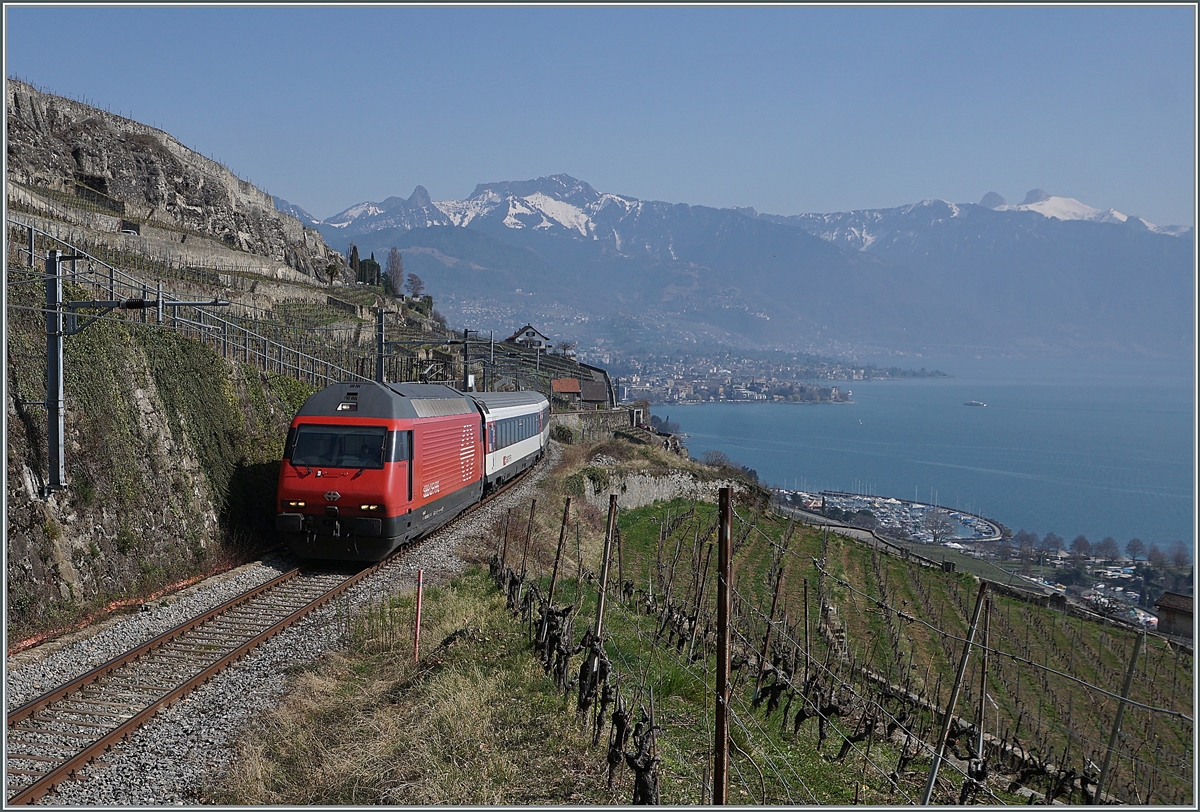 Die SBB Re 460 103-5  Heiteresberg  ist mit ihrem RE 30268 oberhalb von St-Saphorin auf dem Weg nach Genève Aéroport. 

20. März 2022