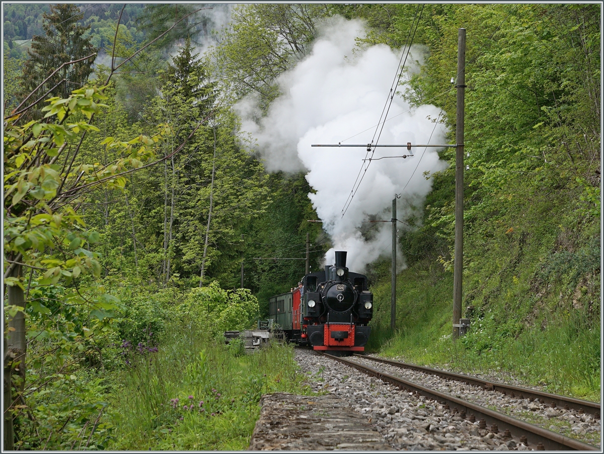 Die SEG G 2x 2/2 105 der Blonay-Chamby Bahn nimmt bie Vers-Chez-Robert die kräftige Steiugn nach Chamby in Angriff.

24. Mai 2021