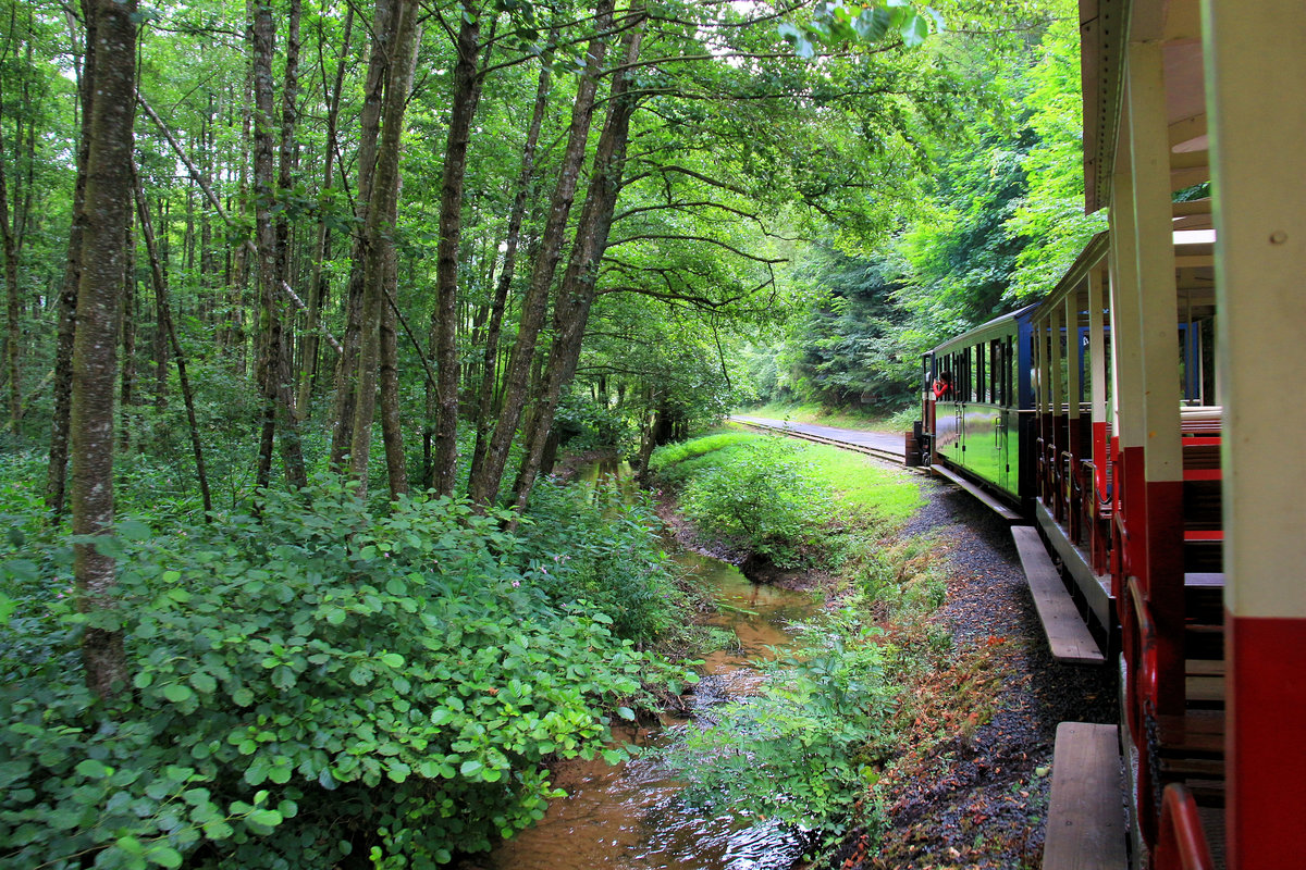 Die tiefgründe Landschaft an der Waldbahn Chemin de Fer Forestier d'Abreschviller. An erster Stelle ist der  Orient Express -Wagen eingereiht, der ehemalige WAB-Wagen 27.  22.Juli 2018 