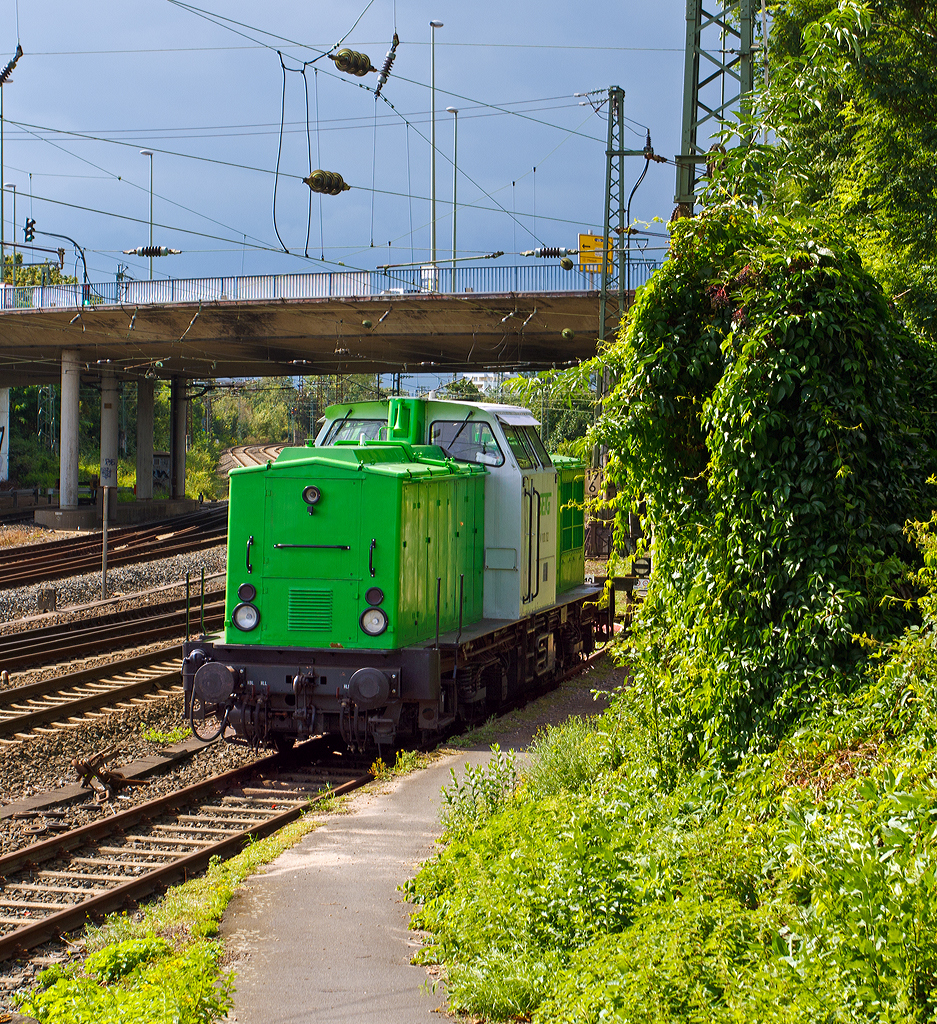 
Die V100.02  (98 80 3202 287-9 D-ECCO) der  SETG - Salzburger Eisenbahn Transportlogistik GmbH aus Salzburg, ex DR 110 287-0, ex DR 112 287-8, ex DR und DB 202 287-9 ist am 18.08.2014 beim Bahnhof Hanau abgestellt.

Die V 100.1 wurde 1970 bei LEW (VEB Lokomotivbau Elektrotechnische Werke „Hans Beimler“, Hennigsdorf) unter der Fabriknummer 12751 gebaut und als 110 287-0 an die DR (Deutsche Reichsbahn) ausgeliefert. Die Entwicklung der DR-Baureihe V 100 einer vierachsigen Diesellokomotive mit Mittelfhrerstand und hydraulischer Kraftbertragung erfolgte Anfang der sechziger Jahre bei VEB Lokomotivbau Karl Marx Babelsberg (LKM), die auch die ersten Prototypen bauten. Die Serienfertigung lief jedoch bei LEW.

Anhand der vielen Nummer sieht man schon dass die Lok einen bewegten Lebenslauf hat. 1970 erfolgte die Umzeichnung in DR 110 066-8, 1981 erfolgte eine Remotorisierung unter Verwendung eines 12-Zylinder-Viertakt-Dieselmotor vom Typ 12 KVD 18/21 AL-4 mit 1200 PS (883 kW) Leistung im Bw Jterbog, und die Umzeichnung in DR 112 287-8. Im Jahr 1992 erfolgte die Umzeichnung in DR 202 287-9 und 1994 dann in DB  202 287-9, die Ausmusterung bei der DB erfolgte 1999. ber  SFZ - Schienenfahrzeugzentrum Stendal (spter ALS) ging sie dann 2000 an PBSV-Verkehrs-GmbH in Magdeburg  als Lok 11, in Jahr 2009 dann KCL - KUBE CON logistics GmbH als 11 spter als 02. Im Jahr 2013 bernahm die sterreichische Firma Salzburger Eisenbahn Transportlogistik GmbH (SETG) aus Salzburg vier Loks der BR 202 von KUBE CON logistics, die Lok 01, 02, 03 und 04.

TECHNISCHE DATEN:
Spurweite: 1.435 mm (Normalspur)
Achsanordnung: B'B'
Leistungsbertragung: dieselhydraulisch
Hchstgeschwindigkeit: 80 km/h
Lnge ber Puffer: 13.940 mm
Radsatzabstand im Drehgestell: 2.300mm
Drehzapfenabstand: 7.000mm
Gesamtachsstand:  9.300 mm
Breite: 3.100 mm
Hhe ber SO: 4.255mm
Dienstgewicht: 64 t
Radsatzfahrmasse: 16 t
Kleinster befahrbarer Gleisbogenradius: 100m
Tankinhalt: 2.600 l