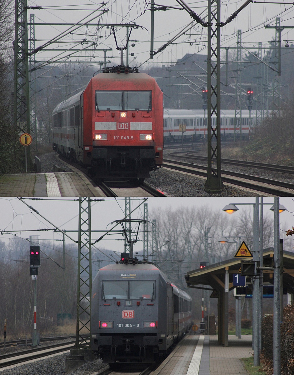 Diesmal hatte der LPF 78082(Leerpark für IC 1981 und 2407) 17 Wagen und war so lang das er in 2 Teilen gezeigt werden muss...gezogen wurde er von 6101 049-5 und geschoben wurde er von der  BKK  6101 004-0. Schleswig 16.12.2016