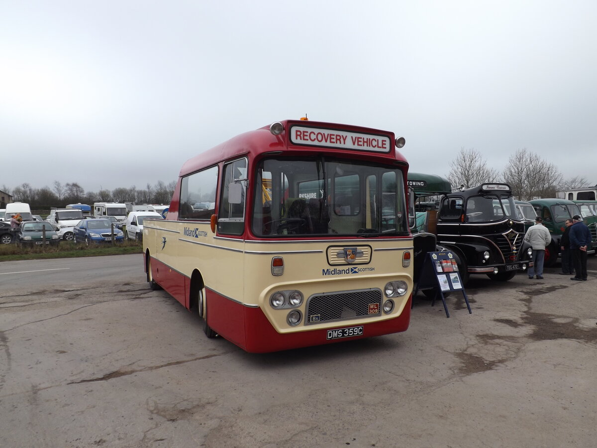 DMS359C is a 1965 Leyland Leopard, delivered new to Alexander (Midland) as a 49 seat coach, carrying an Alexander Y type body.  Later, it was converted to a recovery vehicle, as it is preserved.

Photographed at Brough, Cumbria, UK, 5th April 2015.
